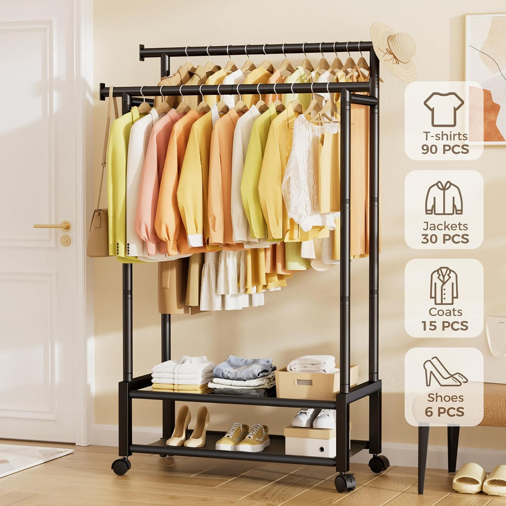 Double Rod Clothing Rack with 2 Shelves, Rolling, Black