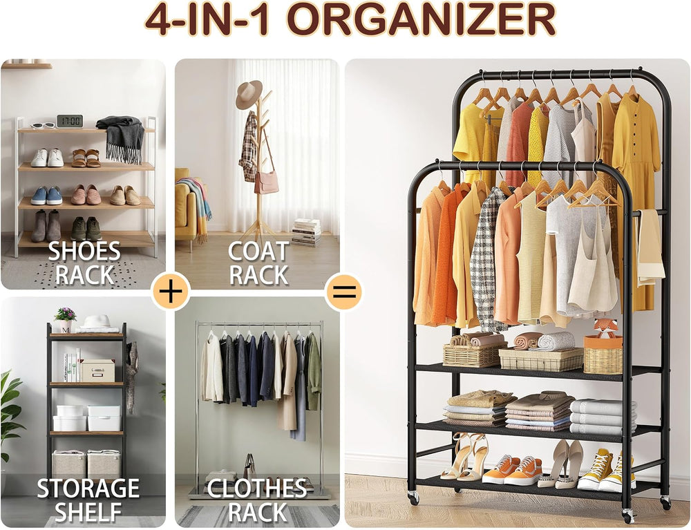 HOMIDEC Clothes Rack,Double Rods Clothing Rack with 3 Tier Shelve&Wheels