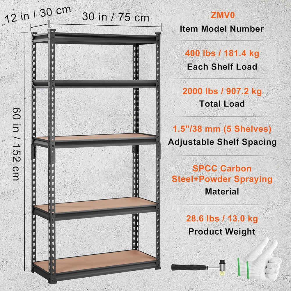 VEVOR Storage Shelves 5-Tier Adjustable 2000 lbs 30"x12"x60" S...