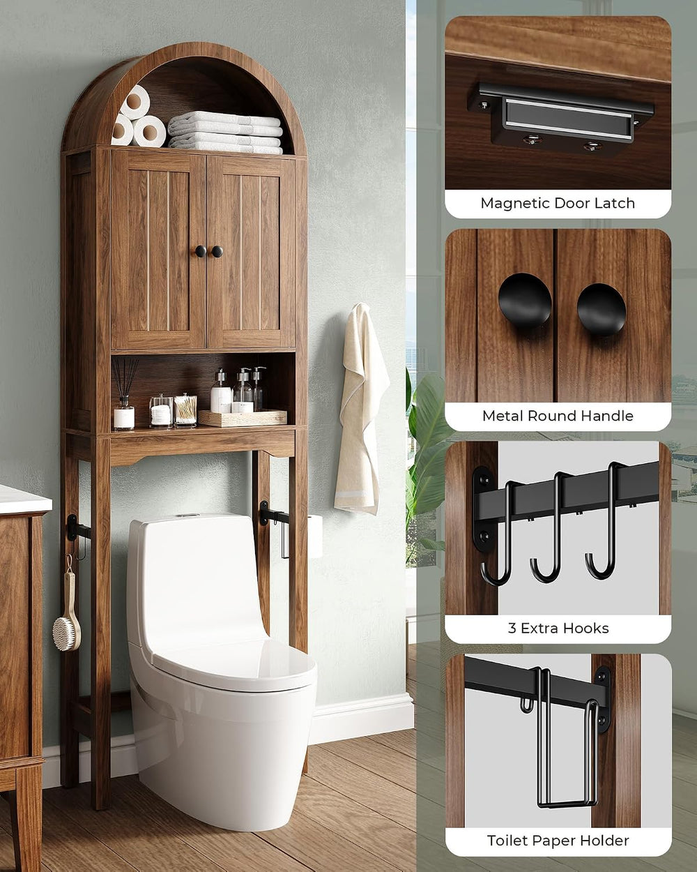 Arched Over the Toilet Storage Cabinet with Fluted Doors, Wood, Walnut