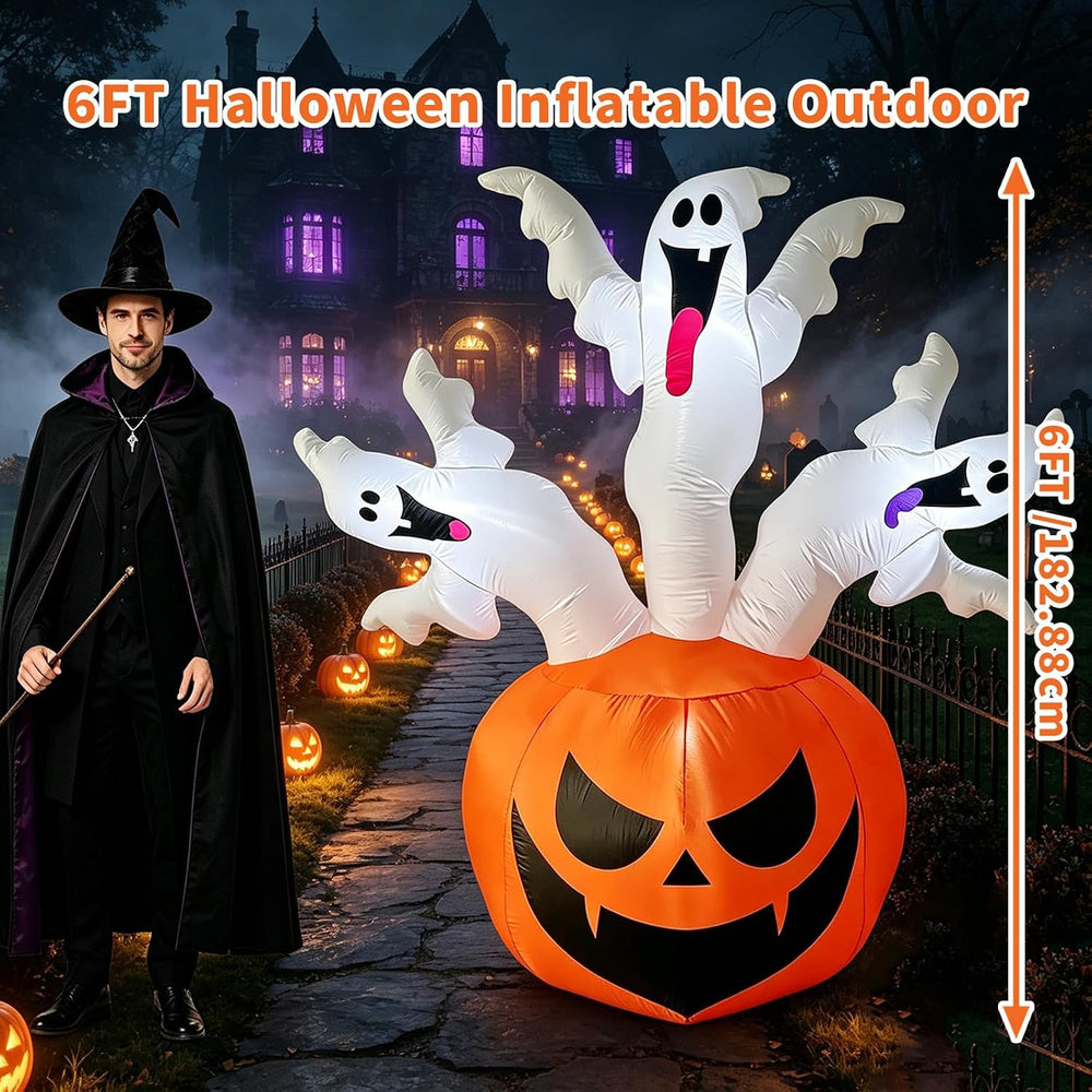 6 FT Halloween Inflatable Pumpkin with 3 Ghosts for Outdoor Decor