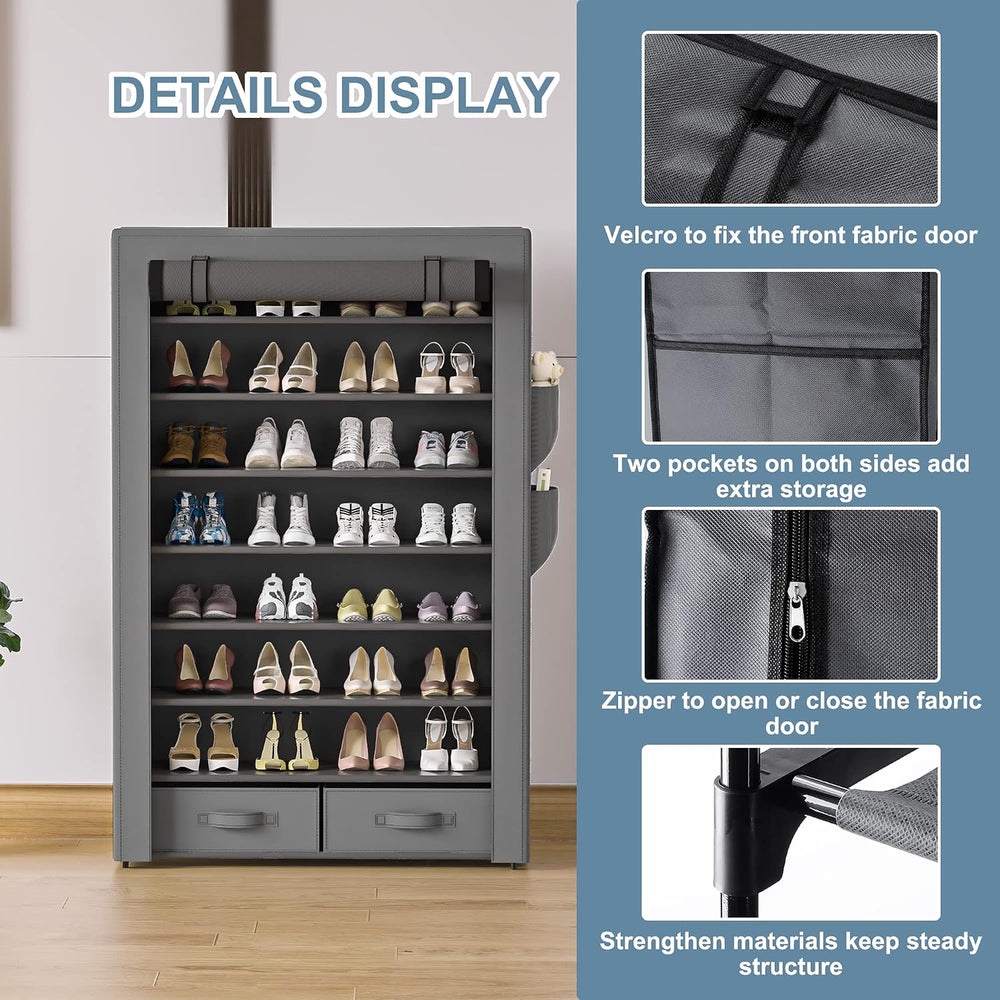 Shoe Rack Dustproof Sturdy 8Tier Tall Large Storage with Side Pocket
