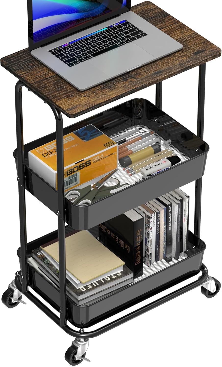 Simple Houseware 2-Tier Utility Cart Wood Top/Lockable Wheel, Rustic Brown