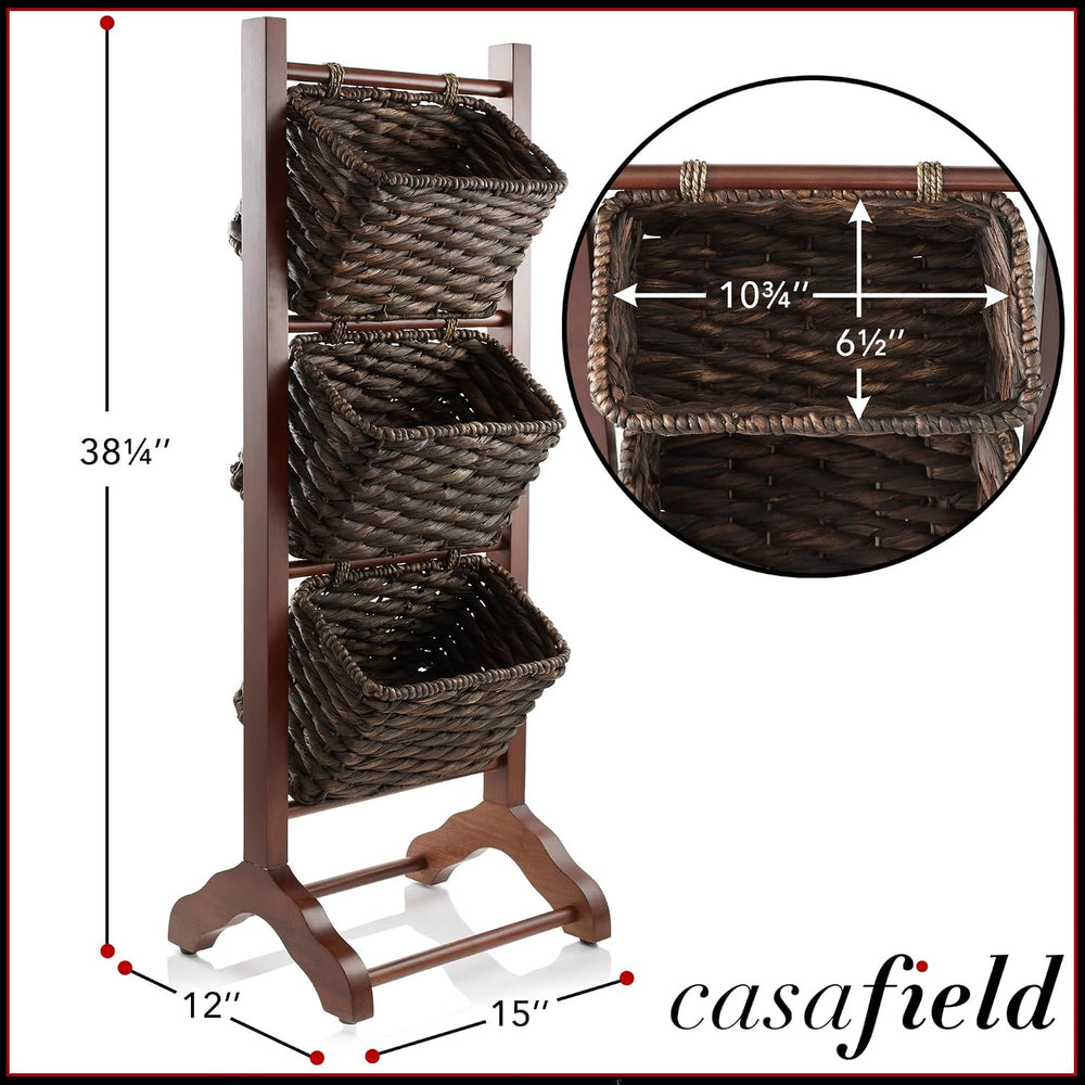 Casafield 3-Tier Floor Stand with Water Hyacinth Storage Baskets, Walnut/Espr...
