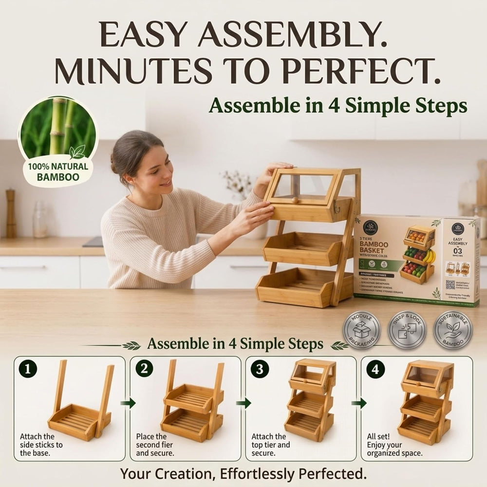 3-Tier Bamboo Basket with Preassembled Drawers, Acrylic Cover & Banana Ho...