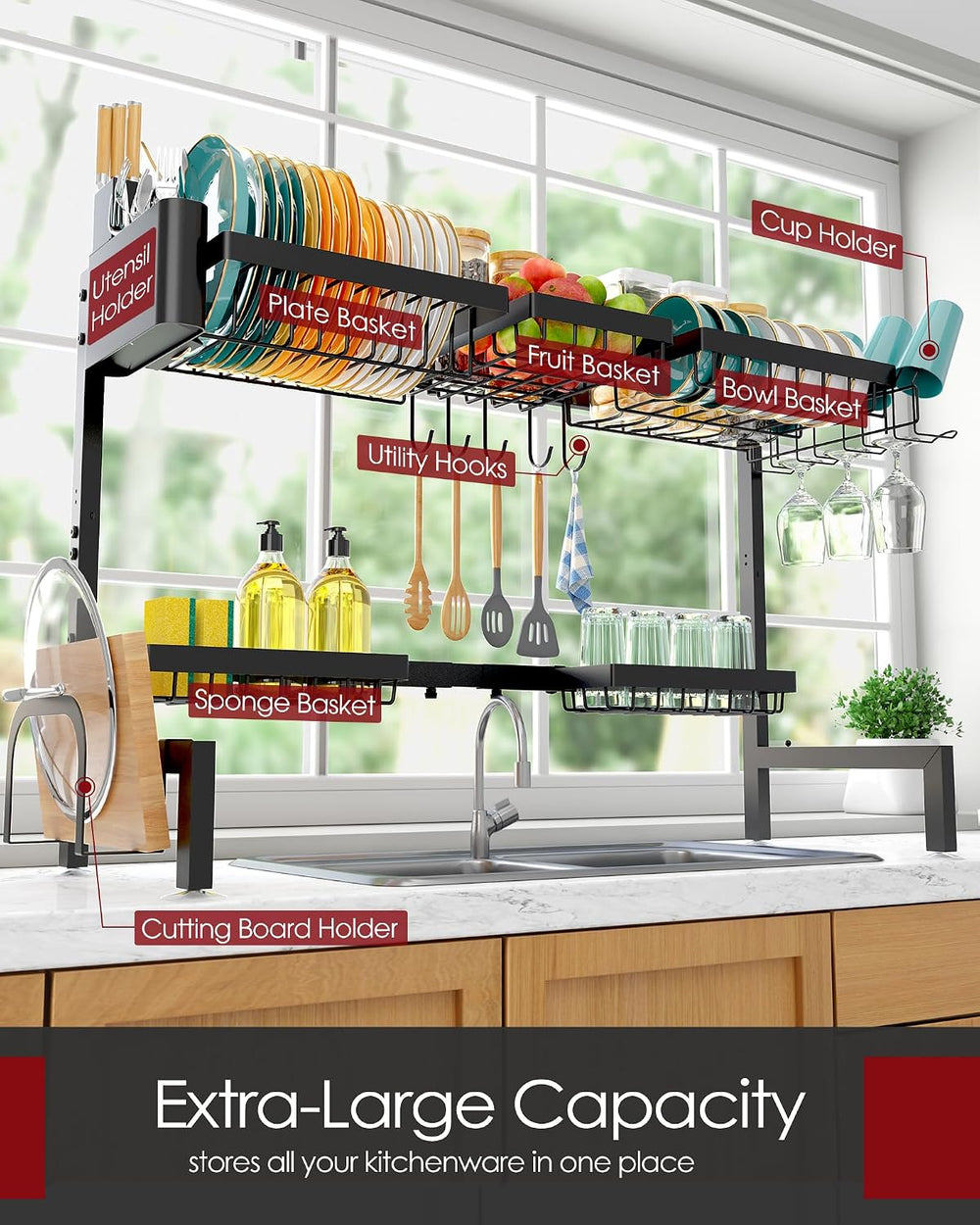 2-Tier Over the Sink Dish Drying Rack, 32"-39.5" L, Black