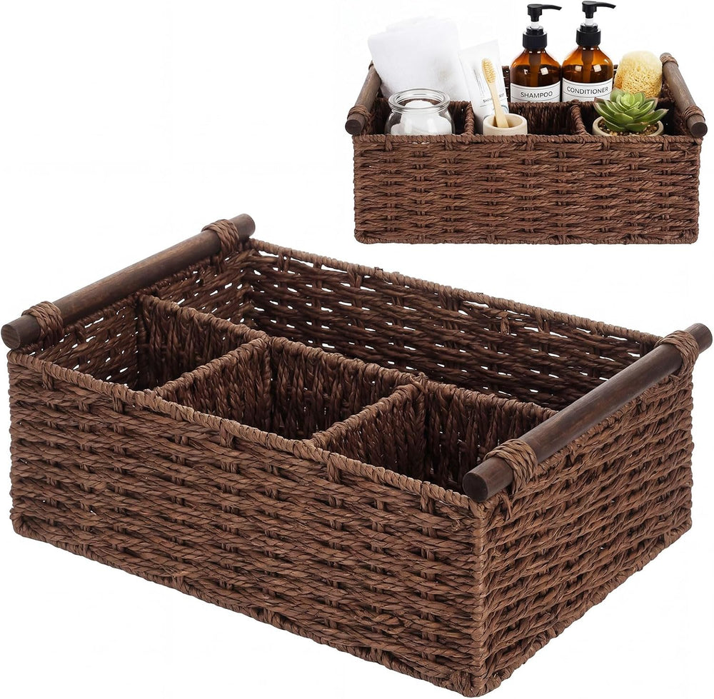 Remerry Brown Bathroom Countertop Organizer Caddy, Wicker-like Divided Basket...