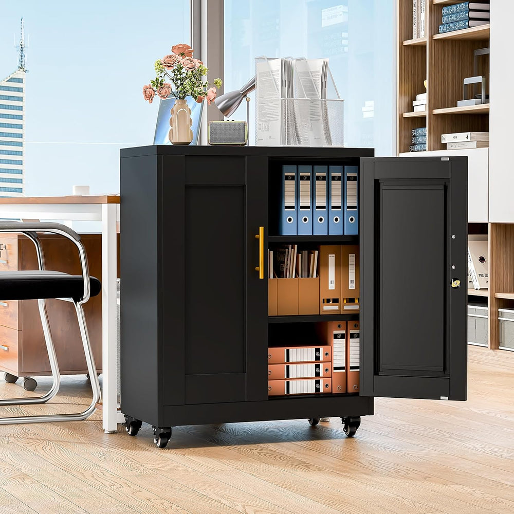 Metal Storage Cabinet with Wheels, 36" Tall Locking Storage Black