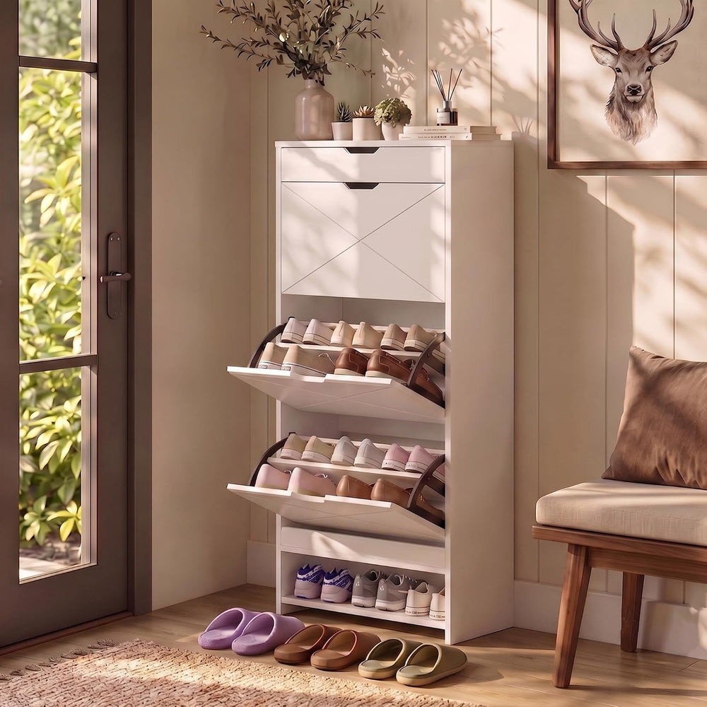 Slim White Shoe Cabinet with 3 Flip Drawers & X-Design for Entryway (21 P...