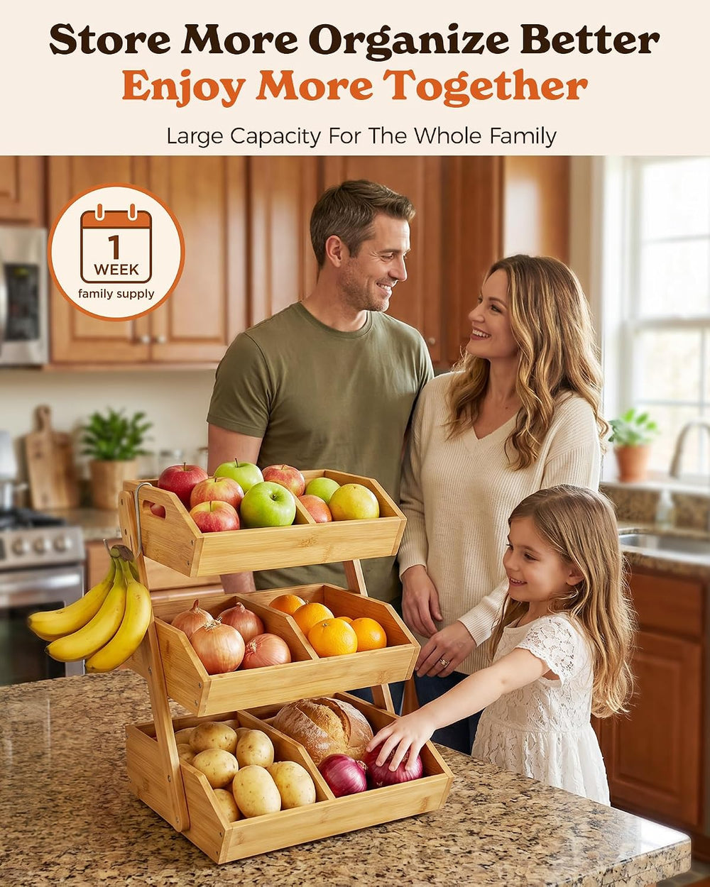 3-Tier Bamboo Fruit Basket with 2 Banana Holders
