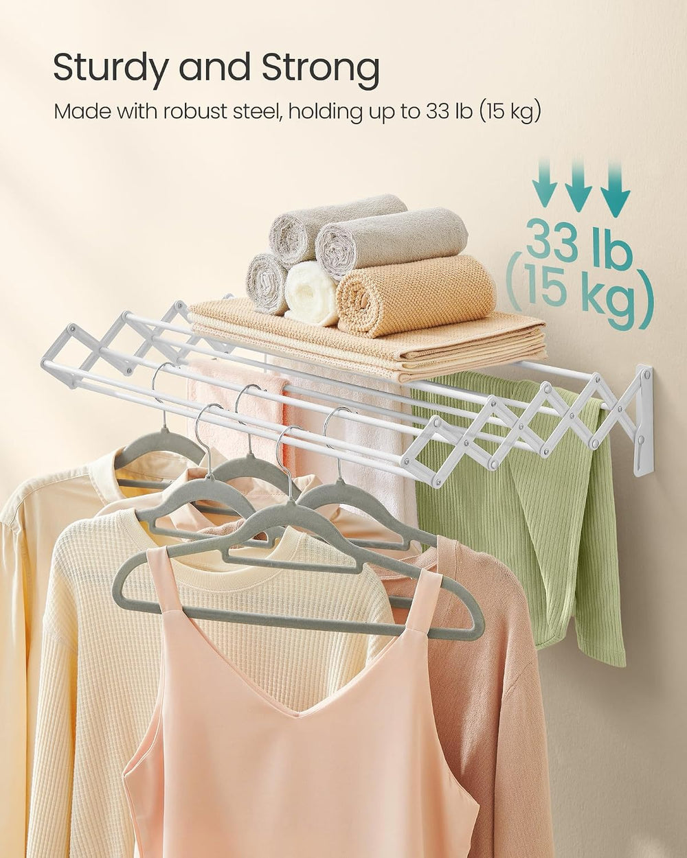 SONGMICS Clothes Drying Rack, Wall-Mounted, 9 Staggered Hanging Rods