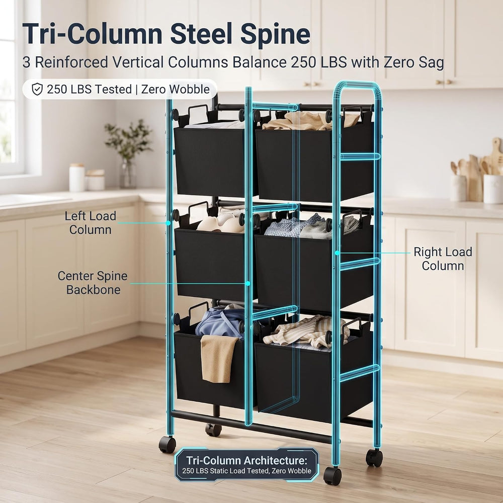 3-Tier Rolling Laundry Sorter Cart, 220L 6-Bag Laundry Hamper on Wheels