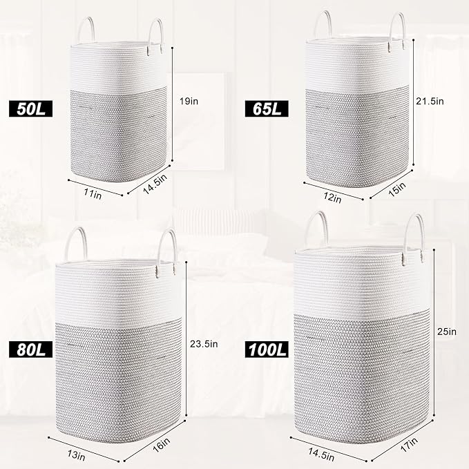 Woven Laundry Basket for Clothes, 80L Large Rectangle Laundry Hampers