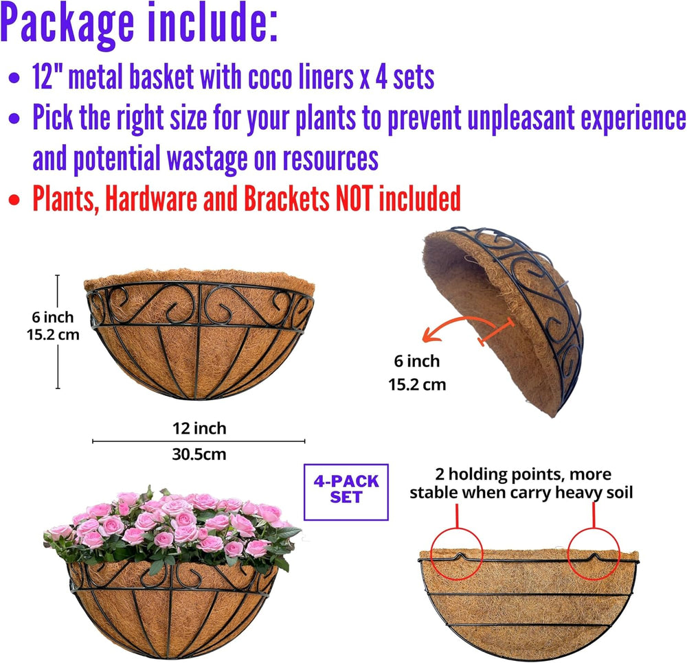 LaLaGreen Wall Planter (12 in, 4 Pack) Black Metal Coco Liner Flower Pots