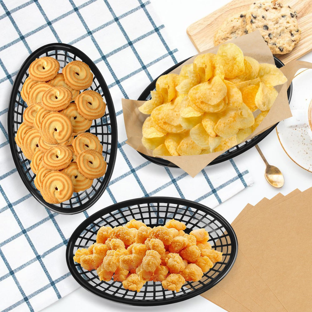 95 Pcs 9 x 5.7 Inch Reusable Black Oval Fast Food Baskets, Sturdy Plastic Pla...