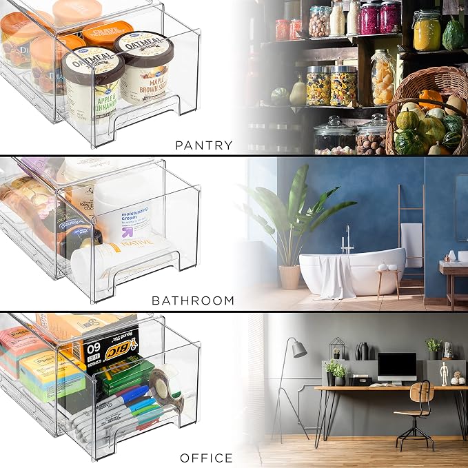 Sorbus Large Clear Storage Drawers – Stackable Pull-Out Storage Bins (2 Pack)