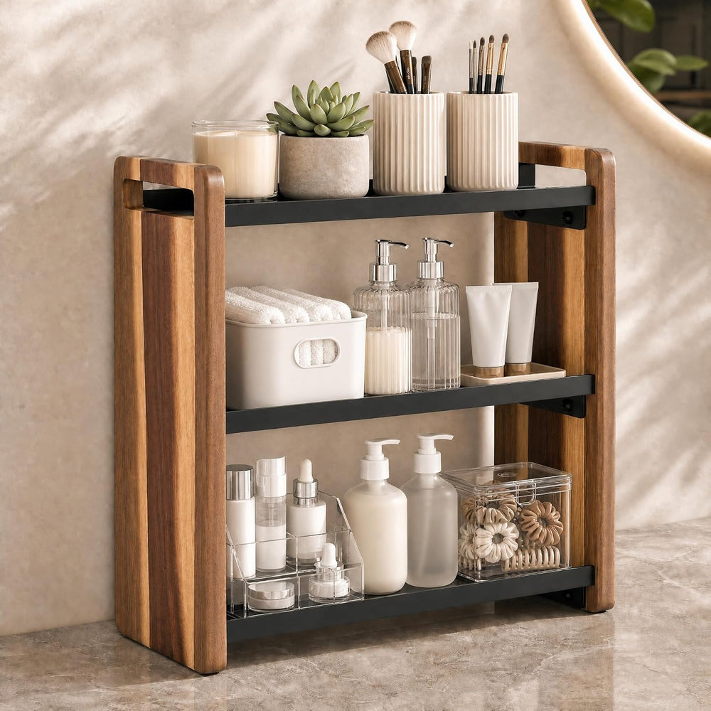 Narrow Solid Wood Bathroom Counter Organizer, Space-Saving Bathroom Storage R...