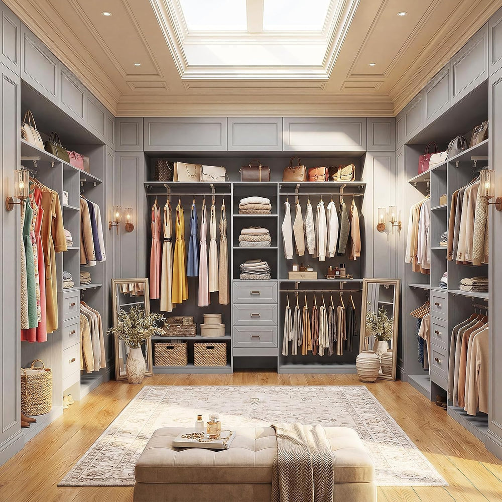 8FT Closet System with 3 Curved Drawers, 96'' Wooden Walk-in Closet O...