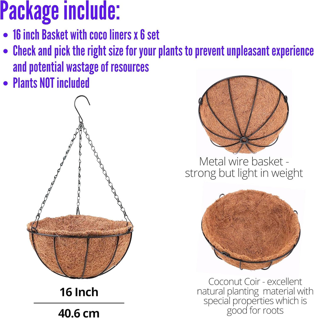 LaLaGreen Large Hanging Baskets (16 in, 6 Pack) Black Metal Coco Liner Pots
