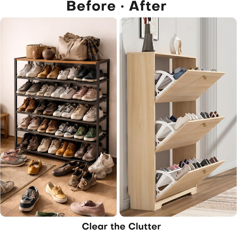Nicetree Shoe Cabinet with 3 Flip Drawers, Entryway Storage, Natural Oak