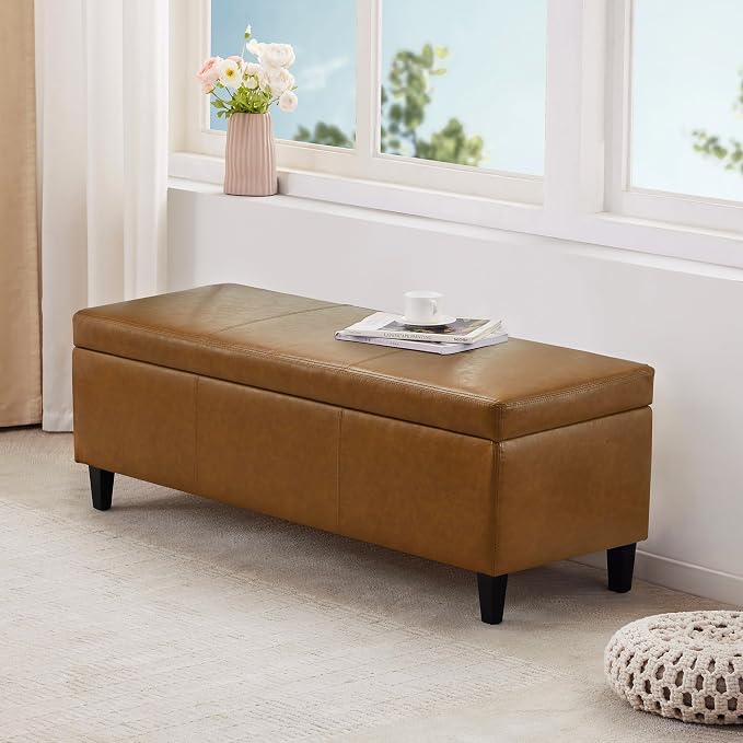 HUIMO Faux Leather Storage Ottoman Bench 50.3 Inch Extra Long PU Upholstered