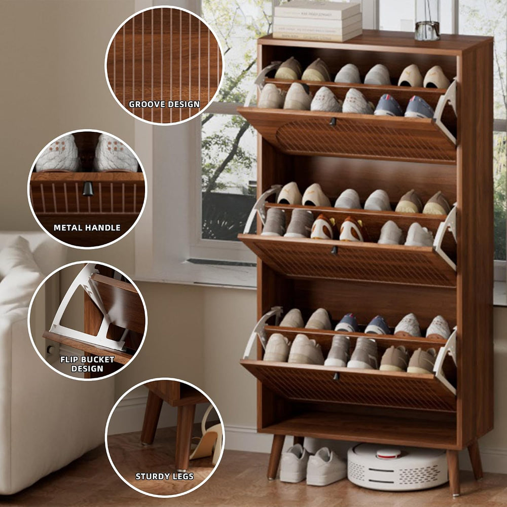 Fsbecl Shoe Storage Cabinet for Entryway with 3 Fluted Flip Drawers, Walnut