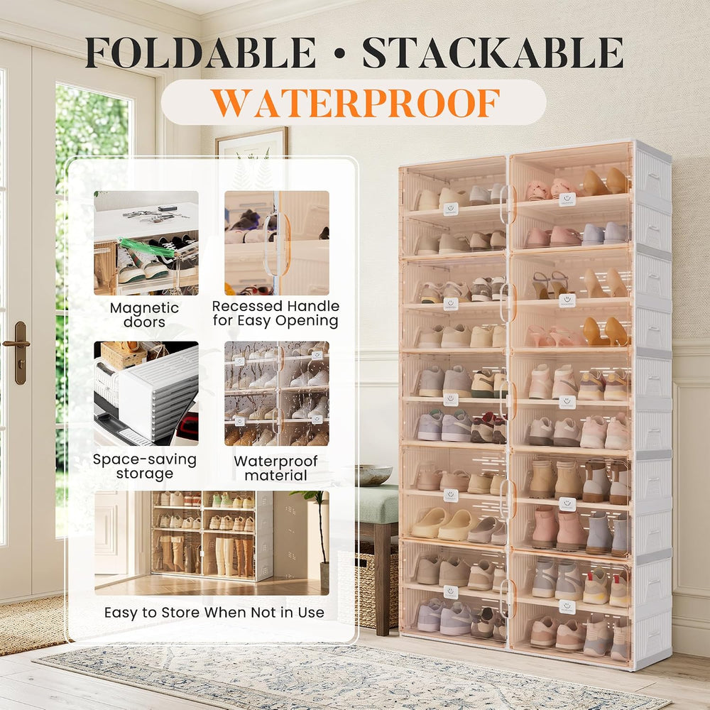 Foldable Shoe Rack Organizer for Entryway with Clear Magnetic Doors - Large C...
