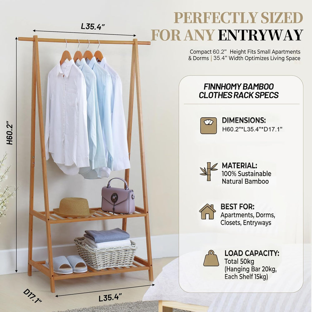 Finnhomy Bamboo Clothes Rack Portable Extra Large Garment Rack 2-Tire Storage...