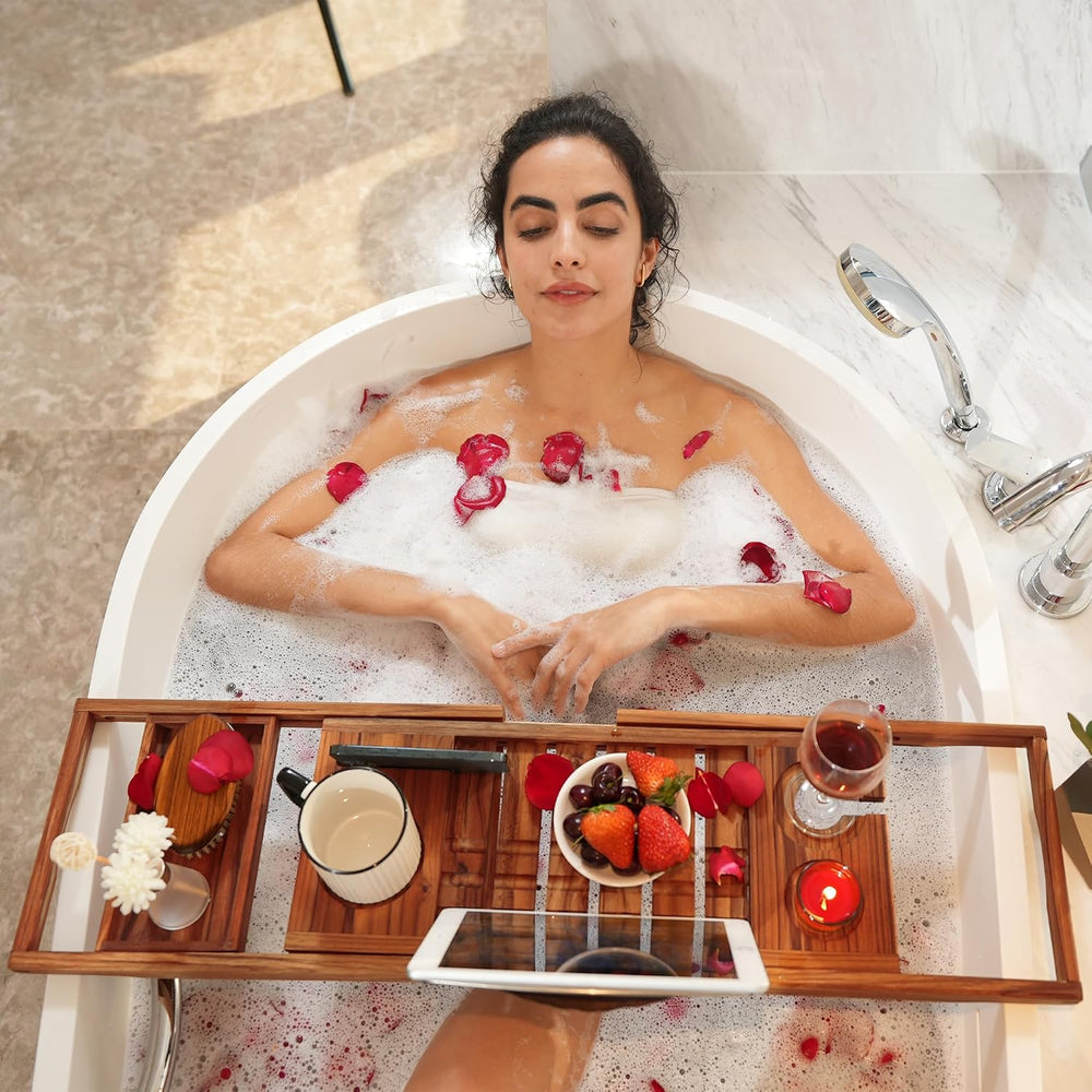 VaeFae Teak Bathtub Tray Expandable, Wooden Tub Caddy, Non-Folding