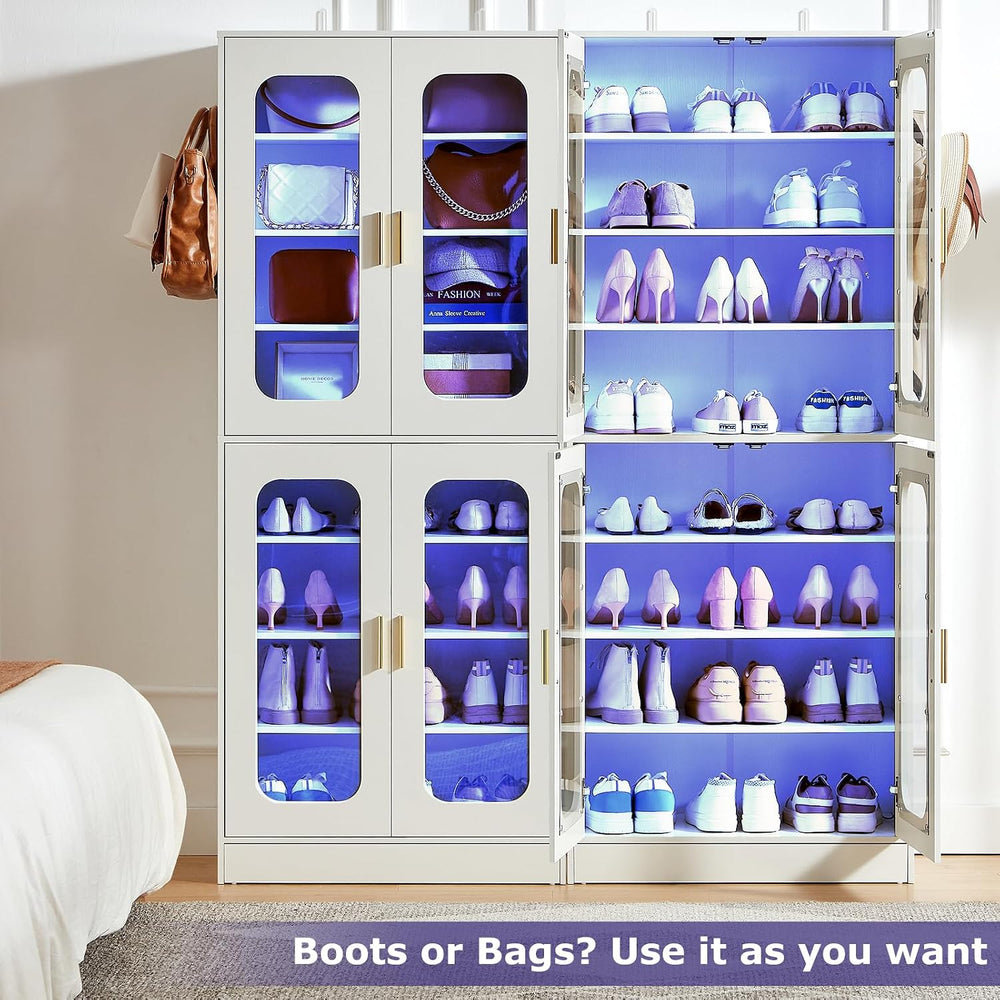 Cyclysio Tall LED Shoe Cabinet with Adjustable Shelves, White