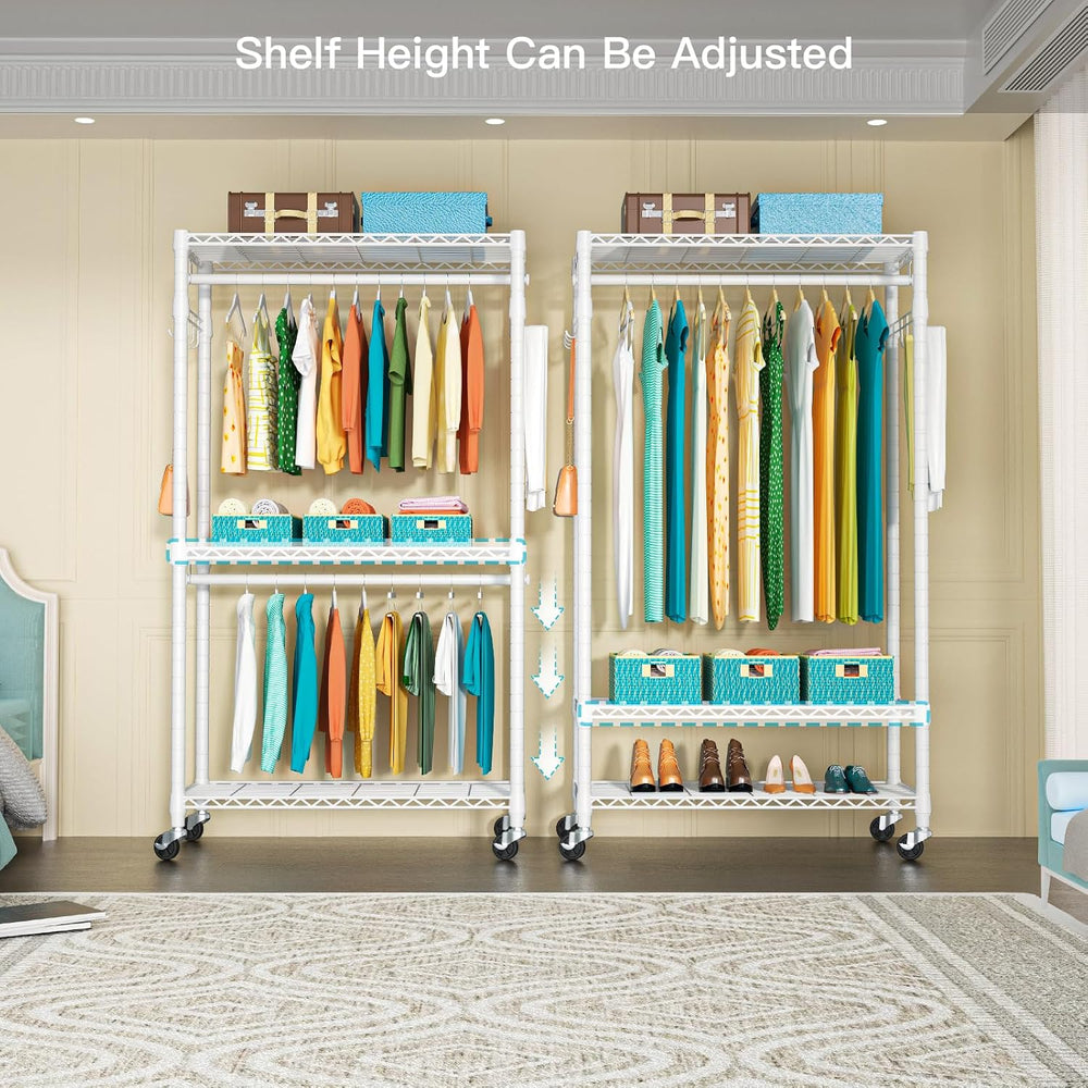 P1 Heavy Duty Garment Rack, 3 Tiers Adjustable Rolling Metal Closet