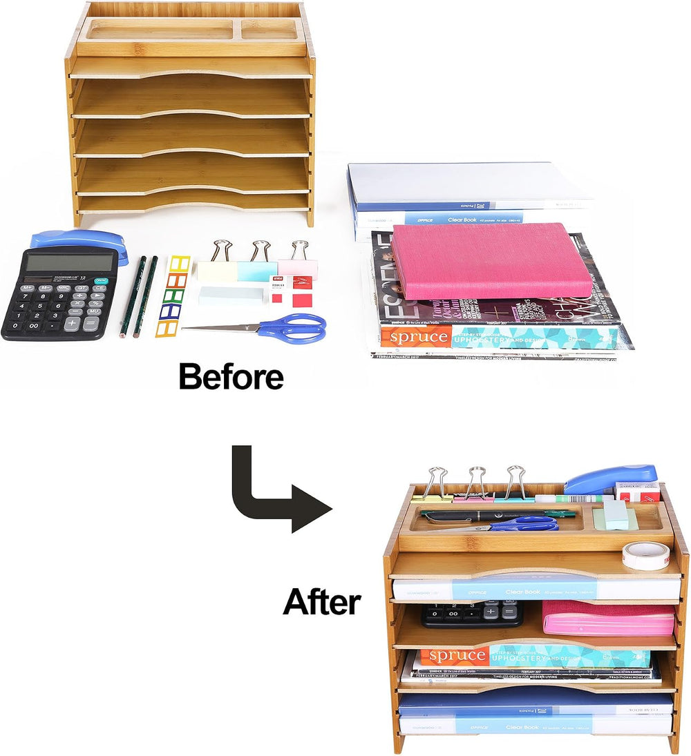 SONGMICS Bamboo File Organizer, Paper Sorter, 5 Adjustable Shelves