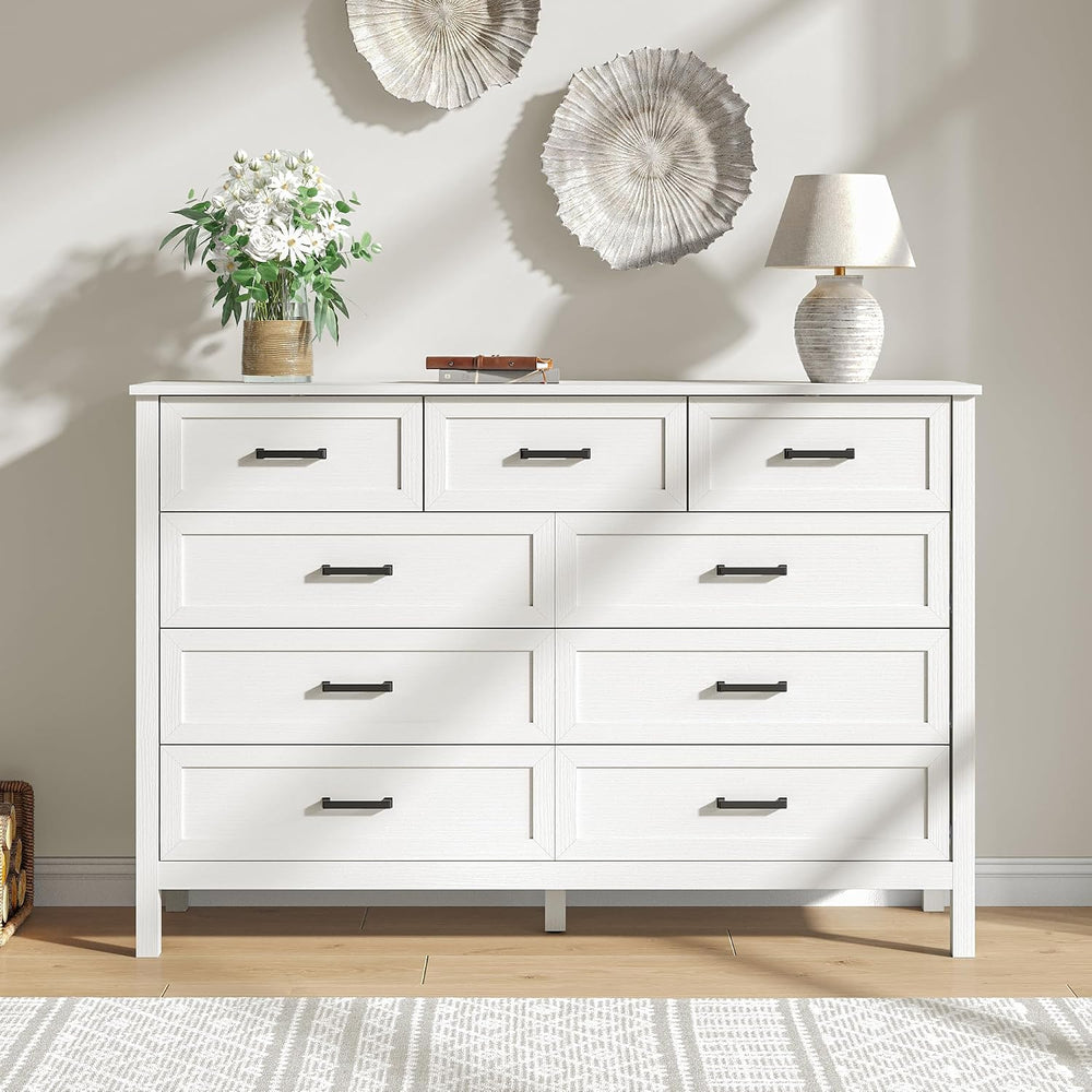 White Farmhouse 9 Drawers Dresser for Bedroom, 55" Wide