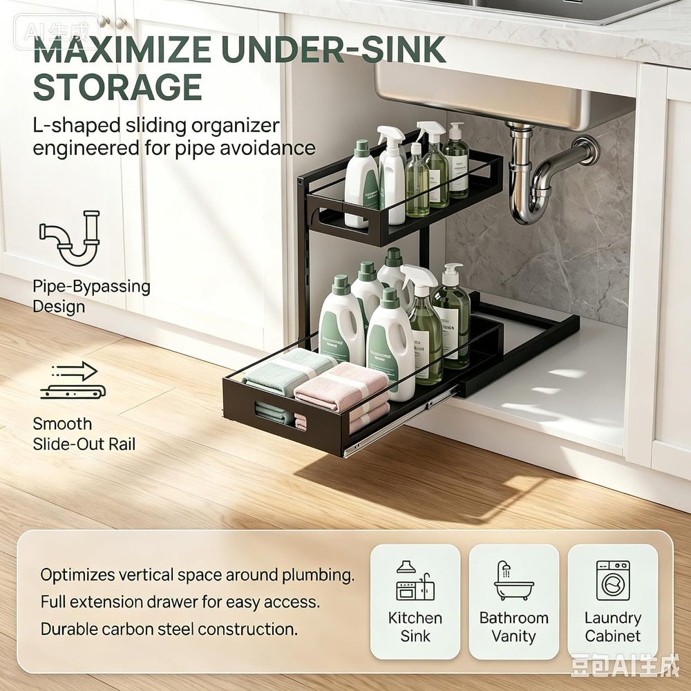 Under Sink Organizer Adjustable Height L Shaped Pull Out Cabinet Organizer