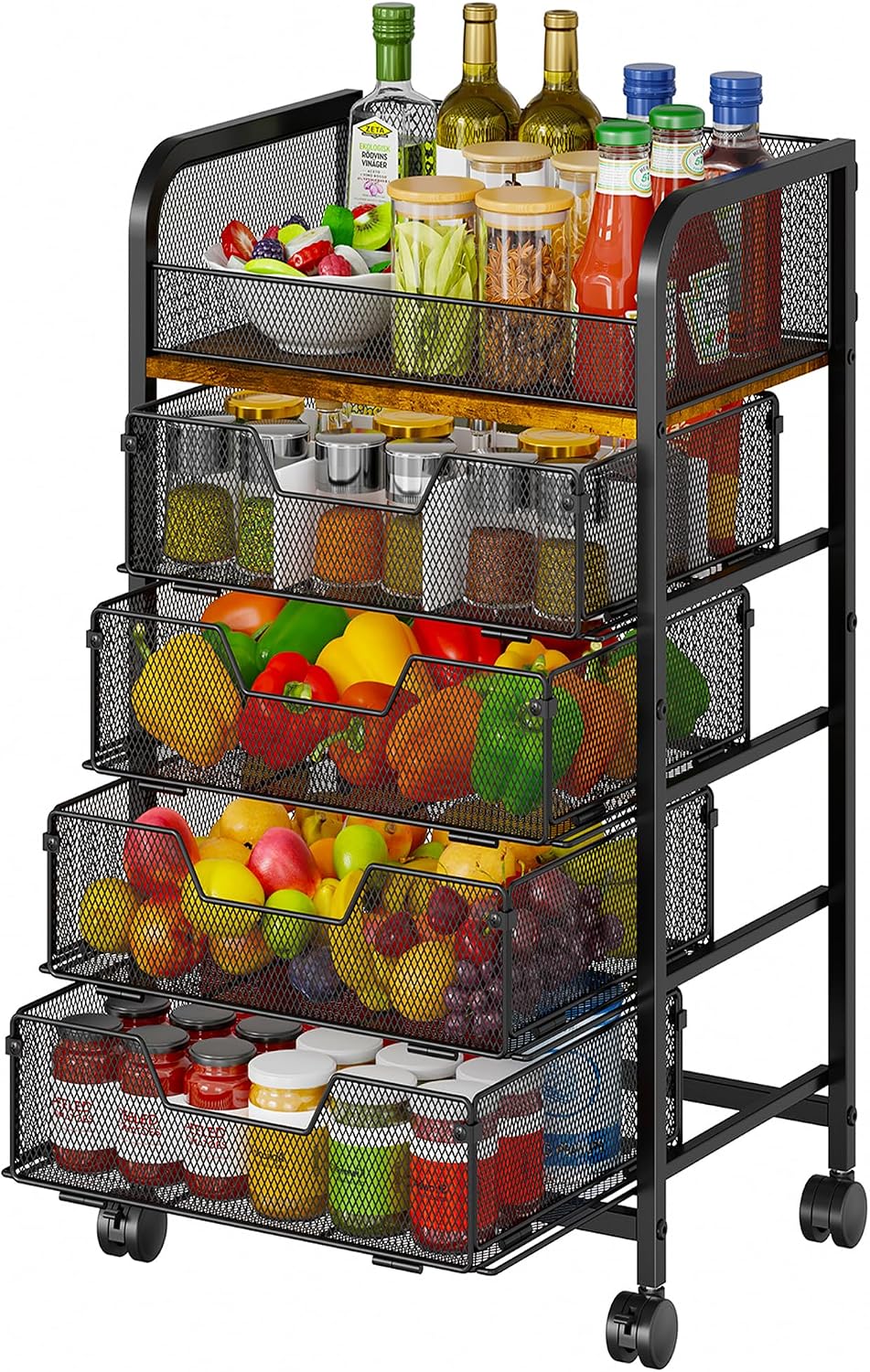 5-Tier Rolling Kitchen Cart with Drawers - Kitchen Storage Cart on Wheels,Pan...