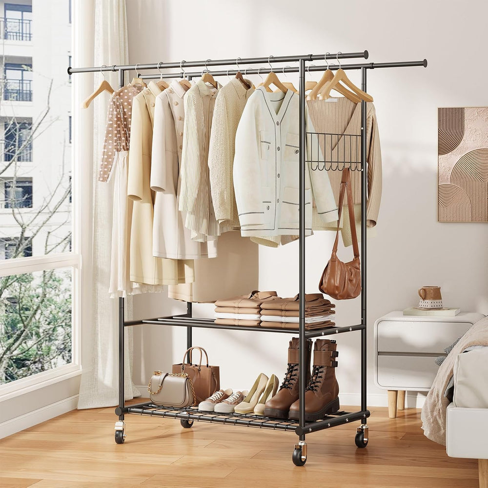 Double Rods Clothes Rack with Wheels, Heavy Duty Rolling Clothing Rack with S...