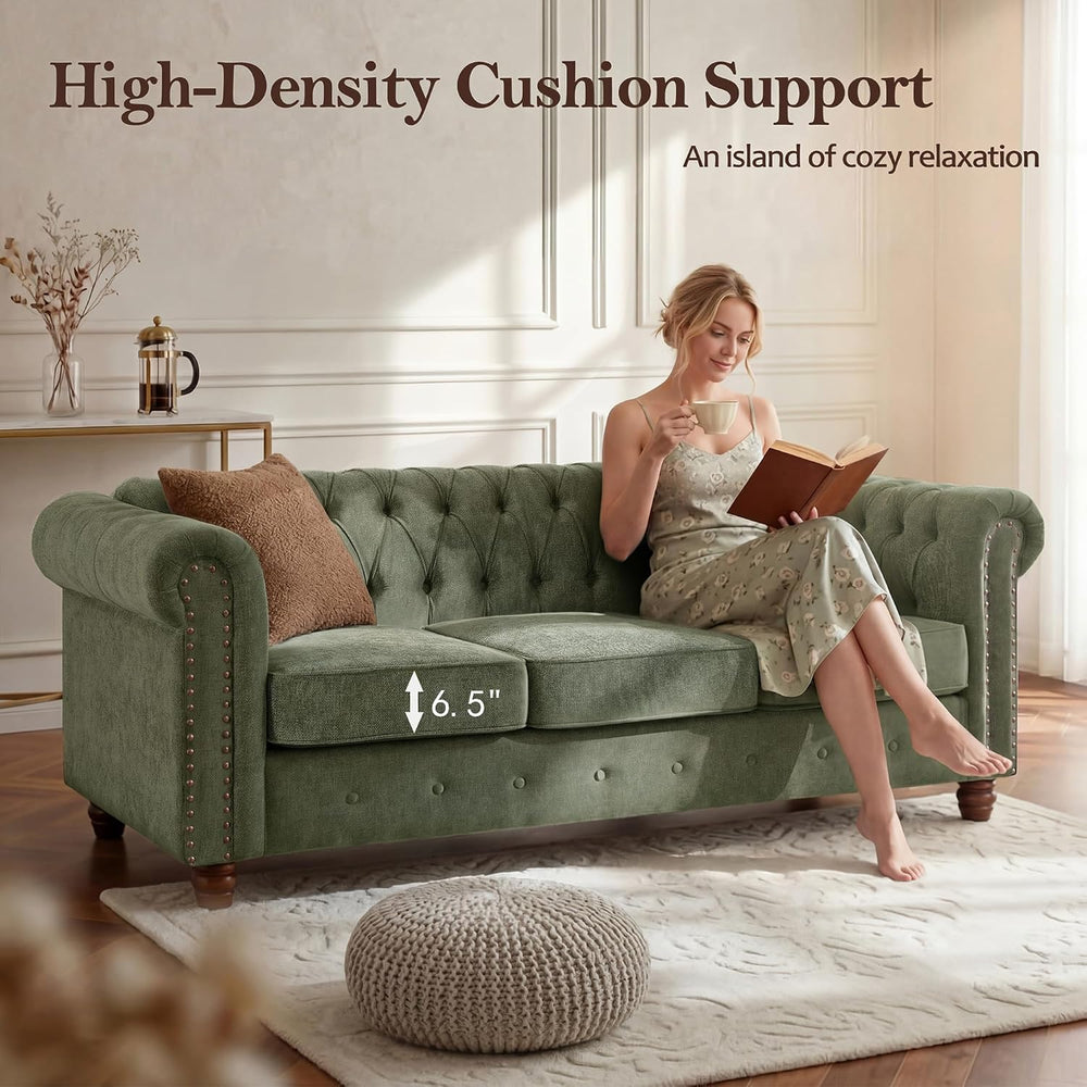 Modern Chesterfield Sofa, Deep Seat Chenille Rolled Arms Couch,Green