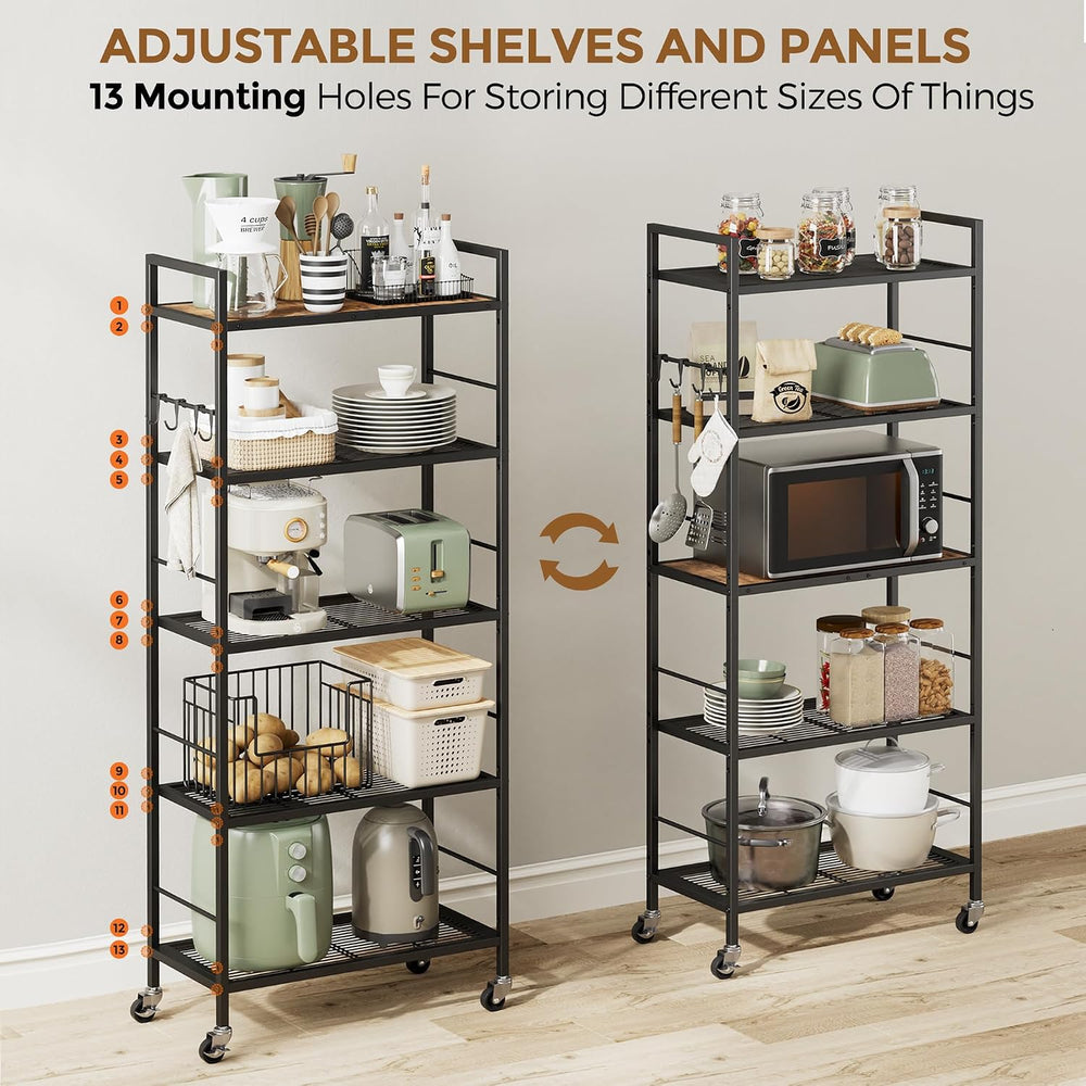 5-Tier Metal Storage Rack with Industrial Wheels,Mesh Shelving Unit with Wood...