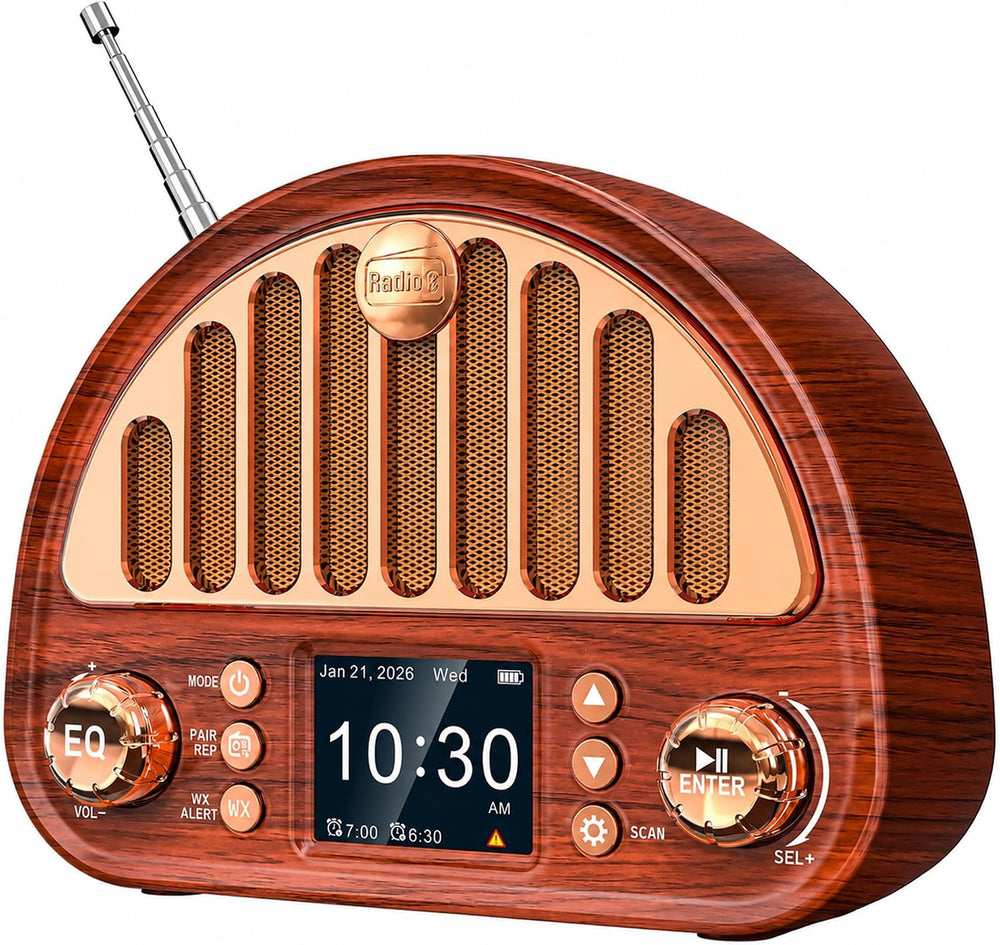 Retro Alarm Clock Radio with Bluetooth, Dual Alarms and NOAA Weather Alert