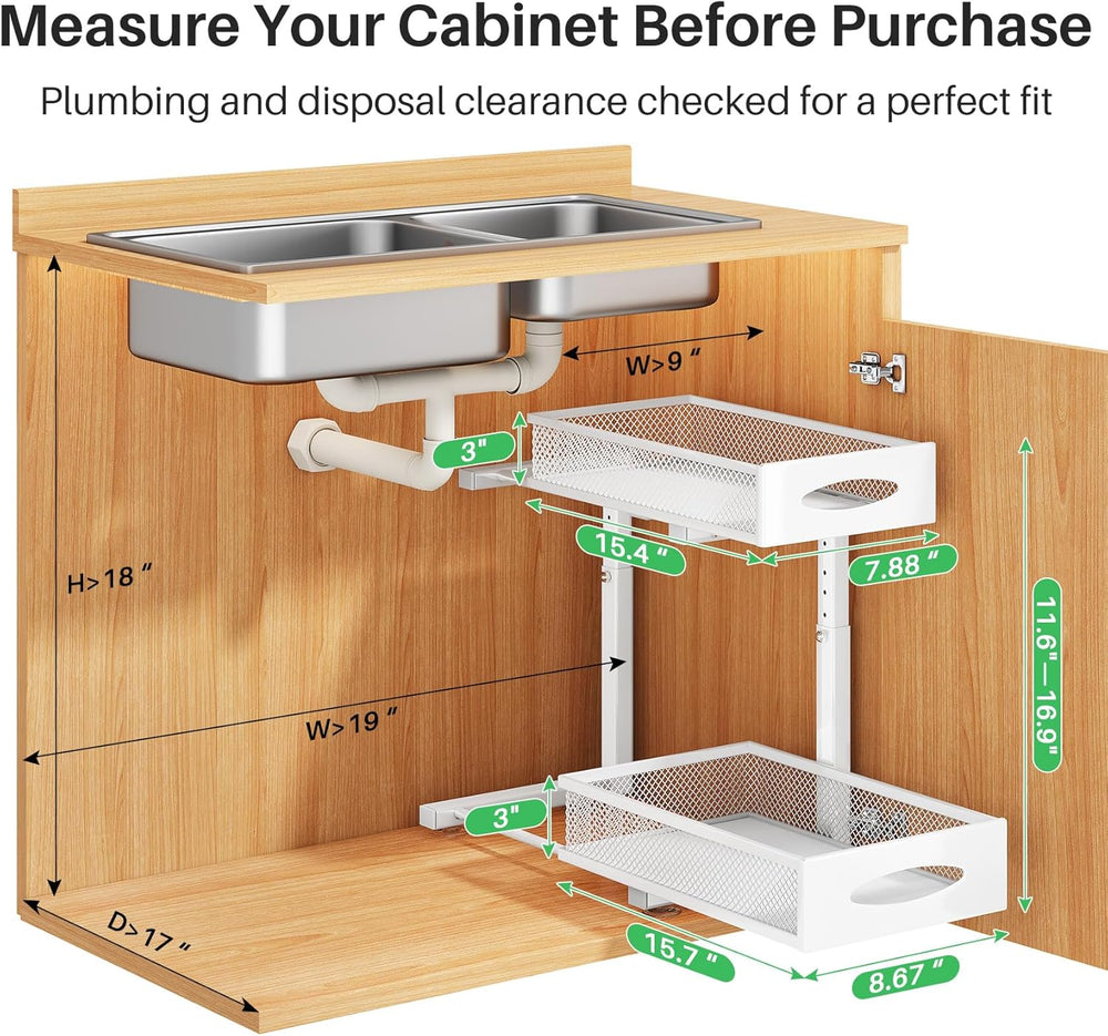 Under Sink Organizer, 2 Pack 2 Tier Pull out Cabinet Organizer Baskets with M...