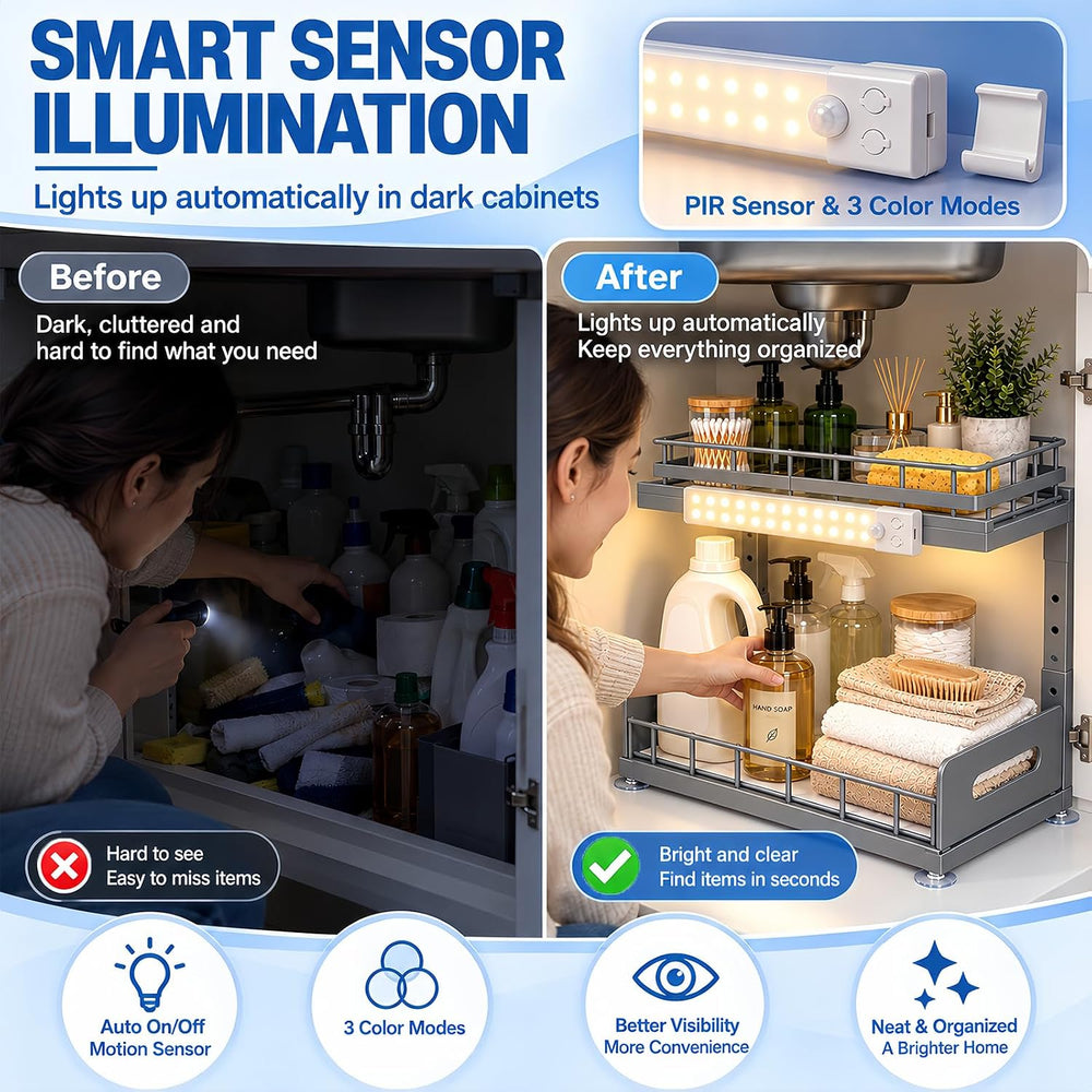 Under Sink Organizer with Motion Sensor LED, Pull-Out Home Organizers