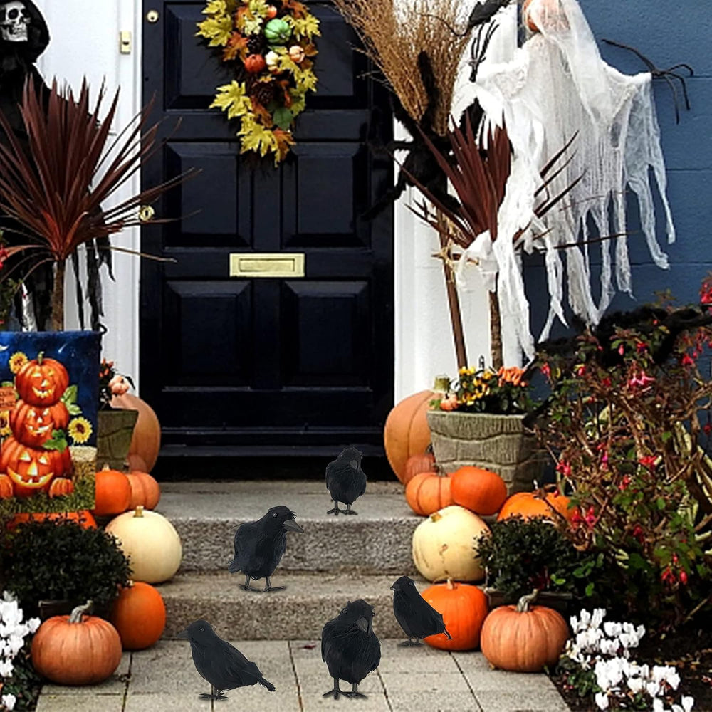 FUNPENY Halloween Black Feathered Crows, Lifelik Halloween Decoration Birds w...