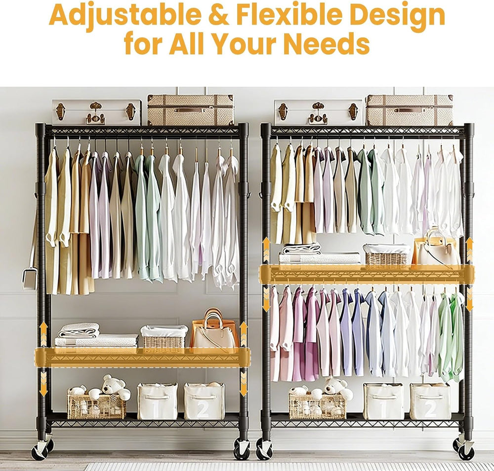 Garvee 3 Tier Clothes Rack with Wheels, Adjustable Shelves & 2 Hanging Ro...
