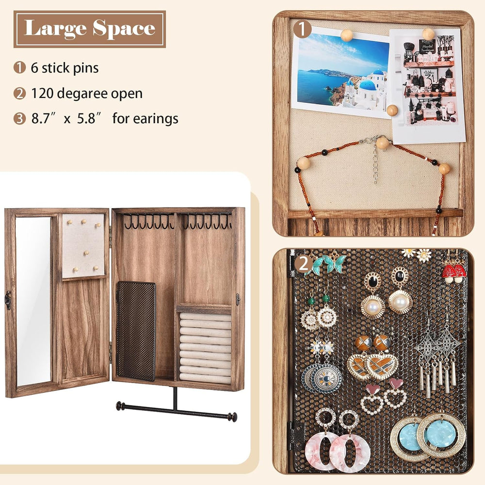 Wall Mounted Jewelry Organizer Box Rustic Wood Large Space Jewelry Cabinet Ho...