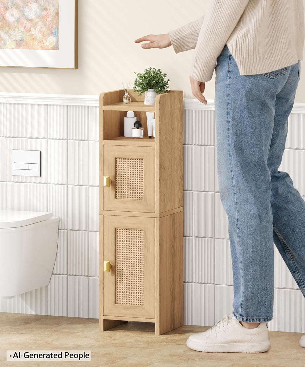 Akxomel Rattan Small Bathroom Cabinet with Open Shelf Wooden Floor Unit