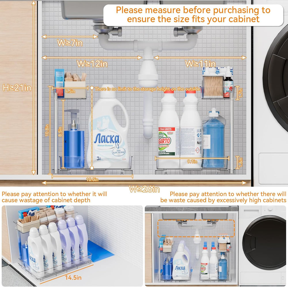 Yieach 2 Pack 14.5″ Deep Pull Out Under Sink Organizer,10.8″ High 2 Tier Slid...