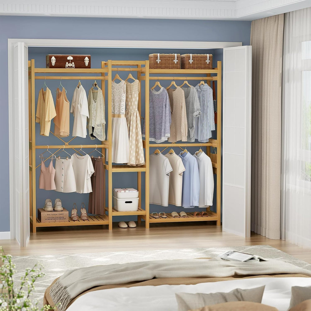 Homykic Bamboo Clothing Rack with Shelves, 70” Wide Closet System, 78.8”H