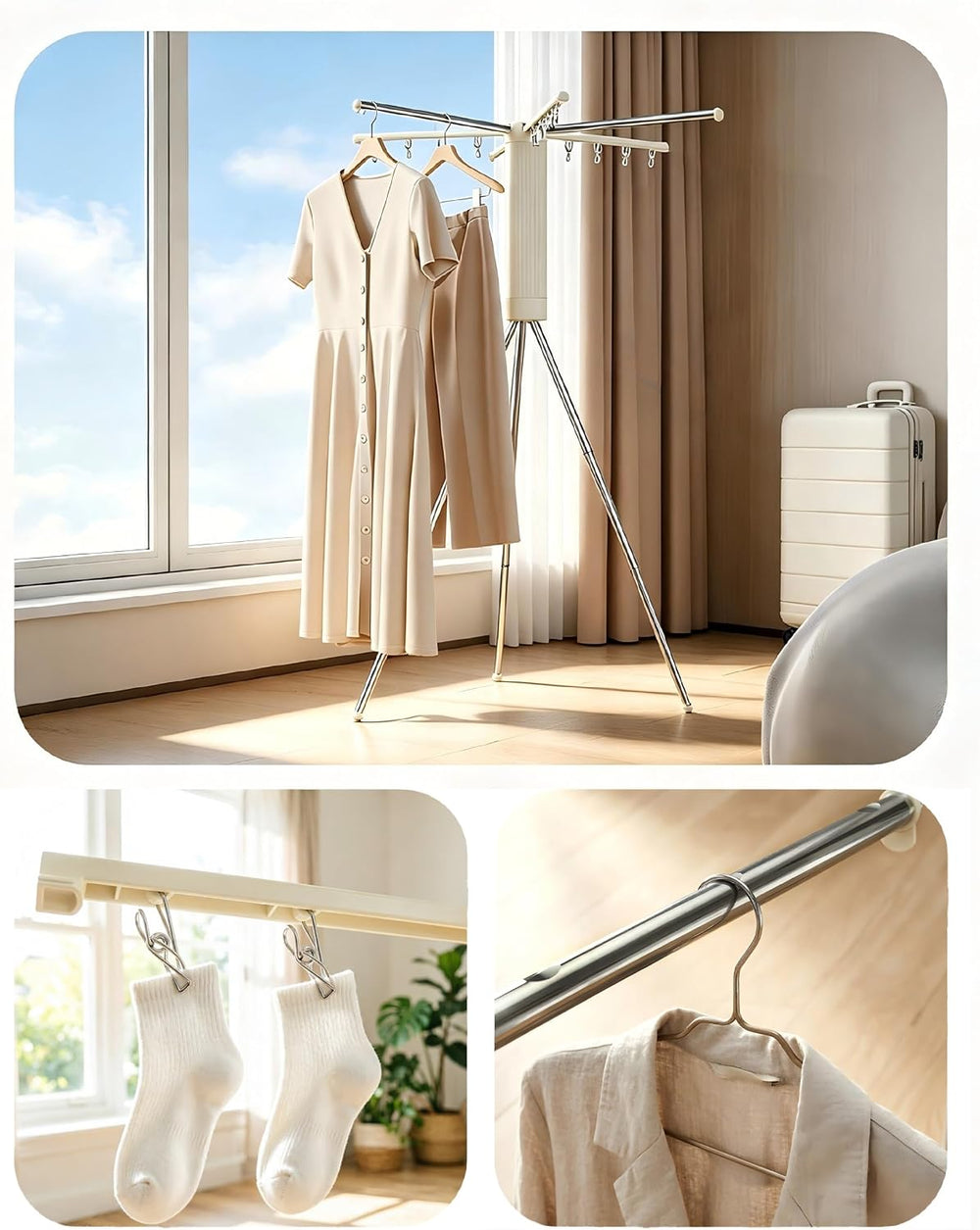 Foldable Tripod Clothes Drying Rack - 6 Clothes Arms & 12 Underwear Clips...