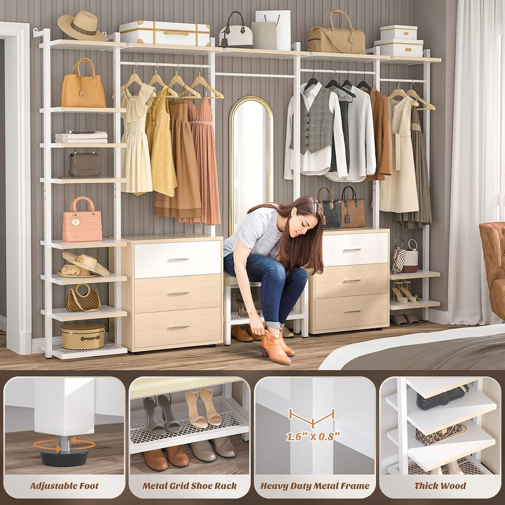 Aheaplus Closet System with 6 Drawers, 8FT Wood & Metal Closet Organizer