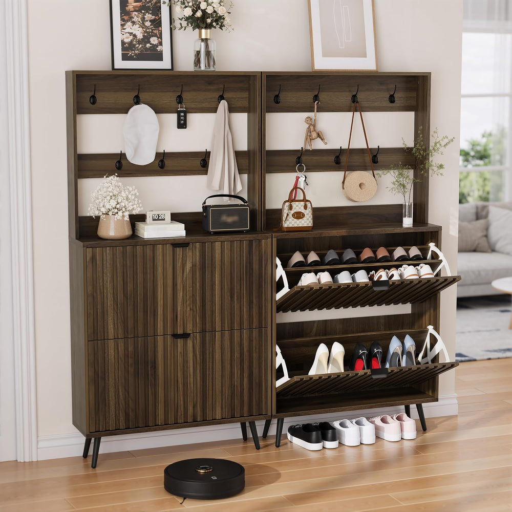 Smuxee Shoe Cabinet with 2 Flip Drawers & Coat Rack Hooks, 31.5" Wal...